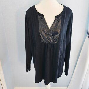 Lane Bryant Plus 22/24 Black Sequin V-Neck Long Sleeve Top  Cotton Modal
